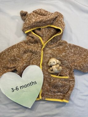 Gymboree - Brown Hooded Baby Cardigan with Bear Ears and stuffed monkey